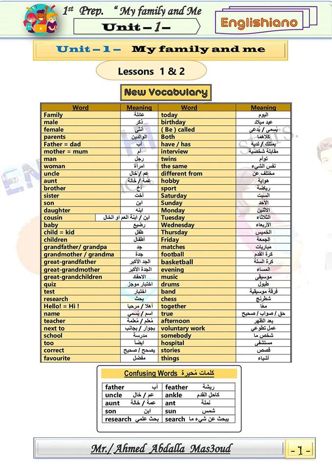 مذكرة اللغة الانجليزية اولى اعدادى 2020 ترم اول