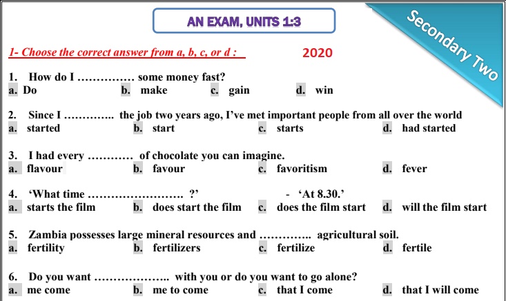 اختبار انجليزى 2 ثانوى بمواصفات 2020 وحدات 1-3