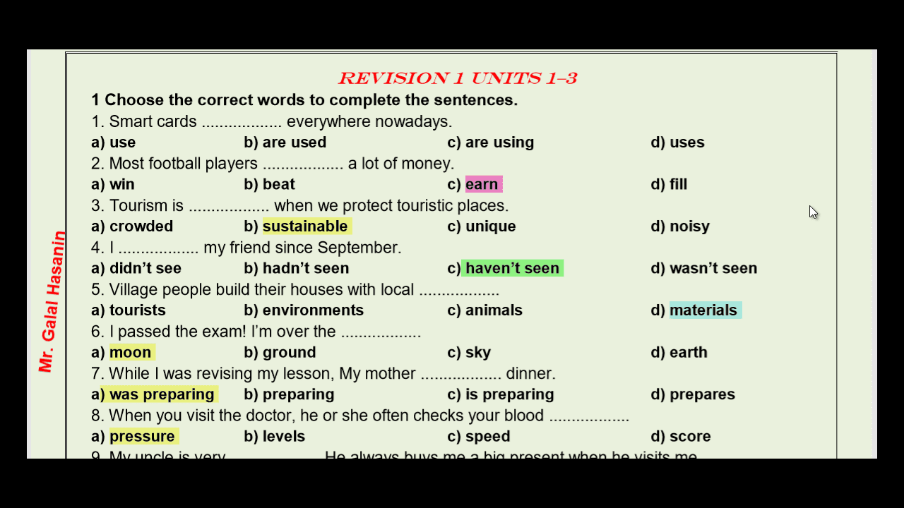 اجابات Revision 1 كتاب workbook SB اولى ثانوى 2020