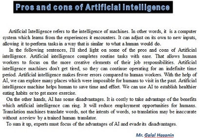 Paragraph about Pros and cons of Artificial Intelligence